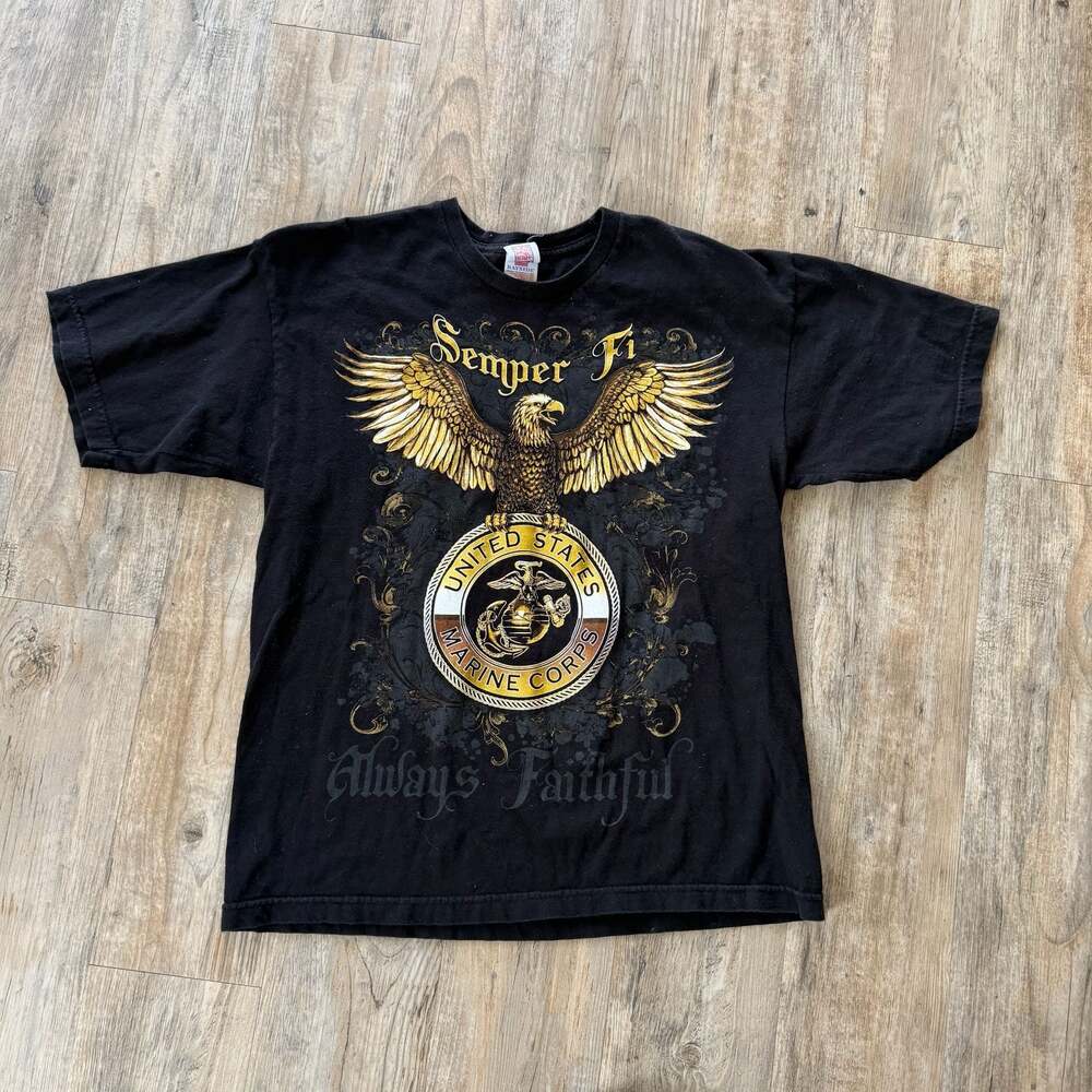 Bayside USMC Semper Fi Always Faithful Eagle Graphic T-Shirt Black